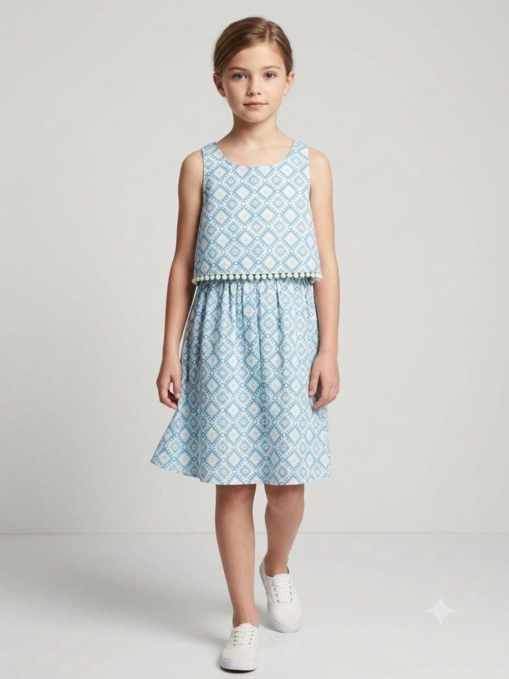 Old Navy Girls Blue Geometric Ikat Tiered Pom Pom Boho Dress Size S 6/7